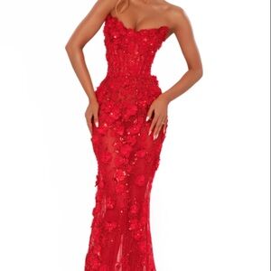 Elegant Strap Red Evening Gown made by Albina Dyla